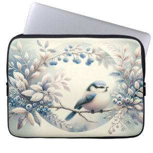 Winter Blauwe Vogel Beskrans Laptop Sleeve