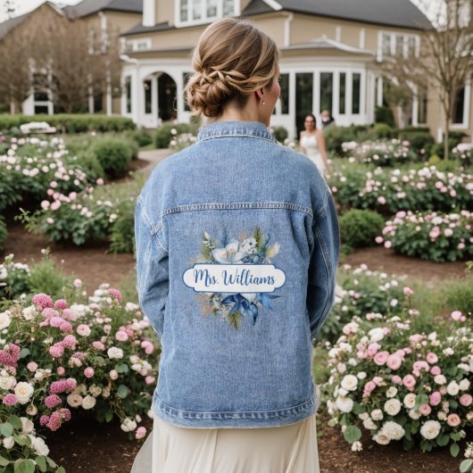 Winter Bloemen Boeket Mevrouw Naam Kalligrafie Denim Jacket (Huwelijk Achterkant)