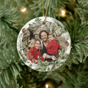 Winter Bloemen Familie Eerste Kerstmis Custom Foto Keramisch Ornament