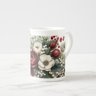 Winter Bloemen Groen Rood Wit Vergroot Porselein Kop
