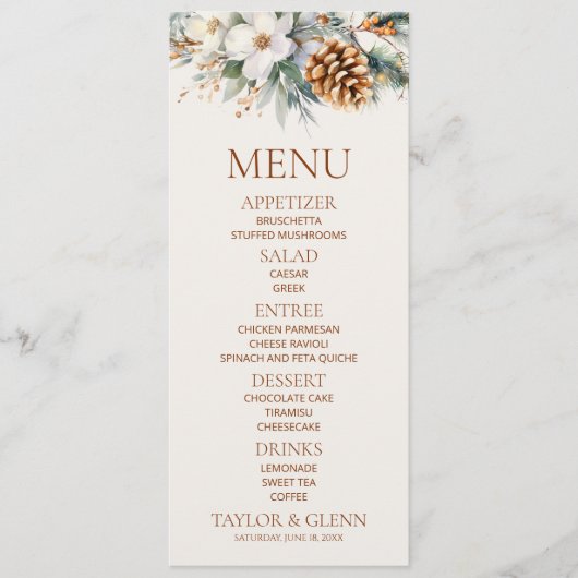 Winter Bloemen Pine Tree Cone Wedding Menu (Voorkant)