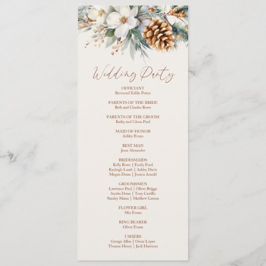 Winter Bloemen Pine Tree Cone Wedding Programma (Achterkant)