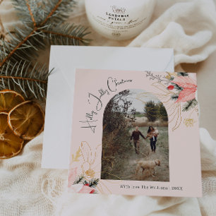 Winter Bloemen Roze Holly Jolly Christmas One Foto Feestdagenkaart