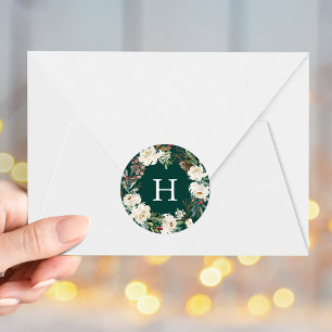 Winter Bloemenkrans Groen Monogram Vakantie Ronde Sticker