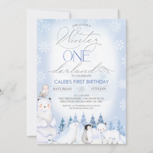 Winter Blue Arctic Animals Onederland 1e verjaarda Kaart (Voorkant)