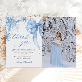 Winter Blue Bow Snowflakes Baby Shower Photo Bedankkaart