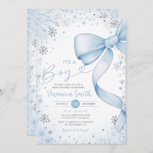 Winter Blue Bow thema Meisje Coquette Baby Shower Kaart (Voorkant / Achterkant)