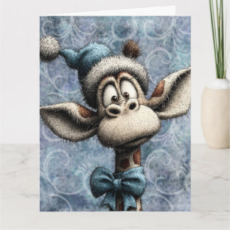 Winter Blue Christmas Cute Giraffe With Hat Kaart