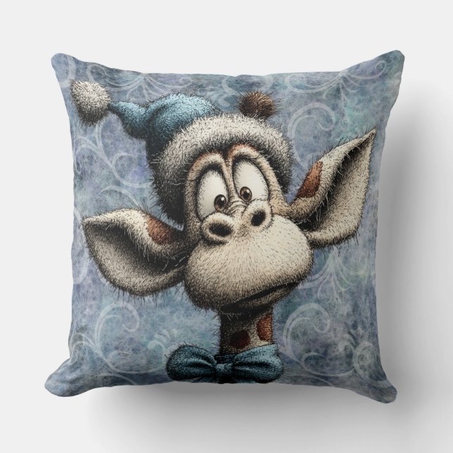Winter Blue Christmas Cute Giraffe With Hat Kussen (Voorkant)