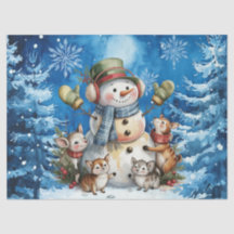 Winter Blue Christmas Snowman & Woodland Animals