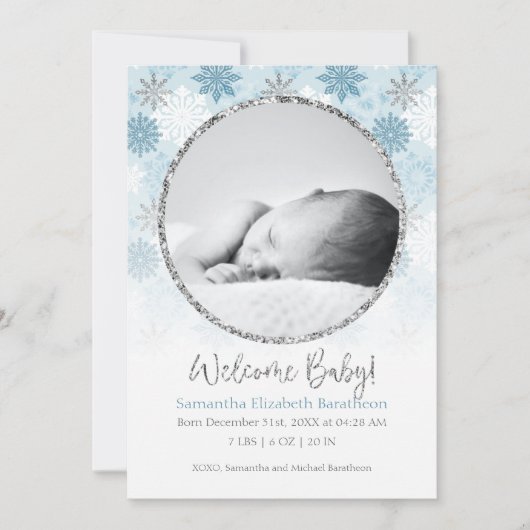 Winter Blue & Silver Snowflake Baby Birth Announce Aankondiging (Voorkant)