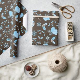 Winter Blue Snowflake Mistletoe Pinecone Naadloos Cadeaupapier