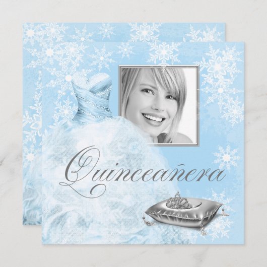 Winter Blue Snowflake Photo Quinceanera Invitation (Devant / Derrière)