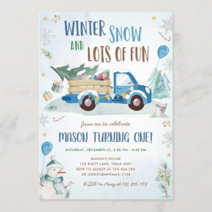Winter Blue Truck Snow Fun Boy Eerste Verjaardag Kaart