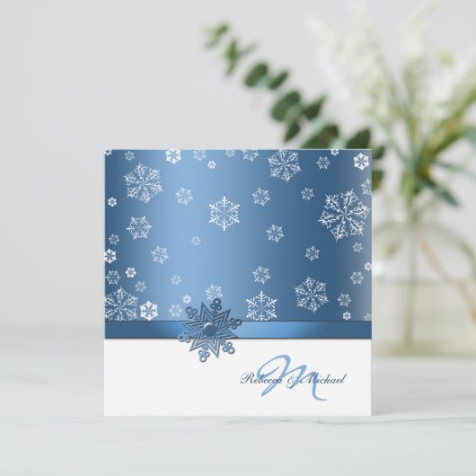 Winter Blue & White Snowflake Wedding Invites Kaart (Staand voorkant)