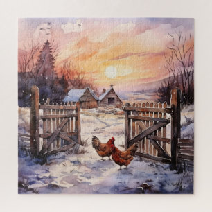Winter Boerderij Scène Met Poort en Kippen Legpuzzel