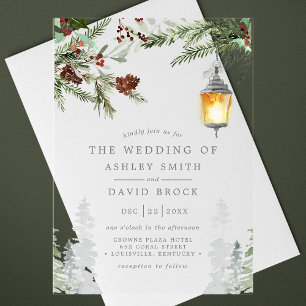 Winter Boeren Dennebomen Botanische Lantaarn Trouw Acryl Uitnodigingen