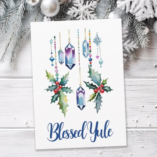 Winter Boho Blue Crystals & Holly Yule Solstice Kaart