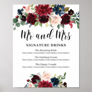 Winter Boho Floral Wedding signature drink sign Poster