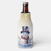Winter Bos Sneeuwman Kerstmis | Goud Flesjeskoeler (Fles Voorkant)