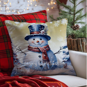 Winter Bos Sneeuwman Kerstmis Goud Kussen