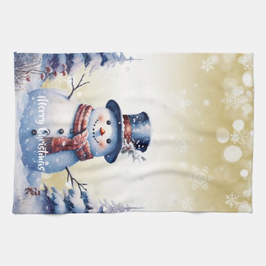 Winter Bos Sneeuwman Kerstmis | Goud Theedoek (Horizontaal)