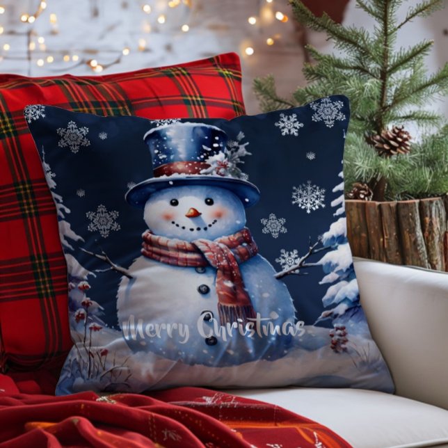 Winter Bos Sneeuwman Kerstmis Kussen (Blue Winter Forest Snowman Christmas Throw Pillow)