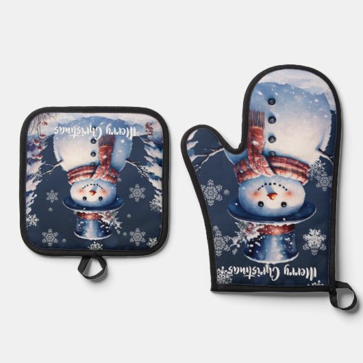 Winter Bos Sneeuwman Kerstmis Ovenwant & Pannenlap Set (Voorkant)