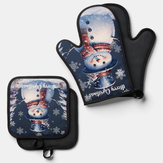 Winter Bos Sneeuwman Kerstmis Ovenwant & Pannenlap Set (Voorkant / Achterkant)