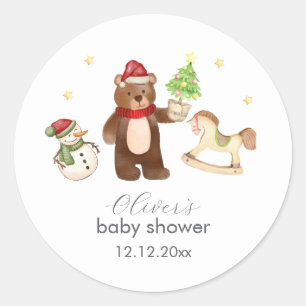 Winter Bos Teddybeer Sneeuwman Baby Shower Ronde Sticker
