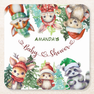 Winter Bosdieren Baby Shower Vierkante Kartonnen Onderzetter