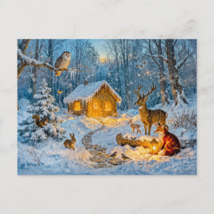 Winter Boshuis met Hert, Vos en Uil – Waaiers Briefkaart