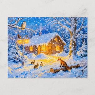 Winter Boshuisje met Bosdieren Briefkaart