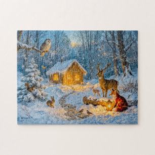 Winter Boshuisje met Hert, Vos en Uil – Waaiers Legpuzzel