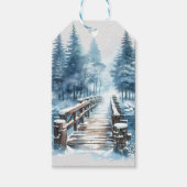 Winter Bossen Blue Bridge over River Christmas Cadeaulabel (Voorkant)