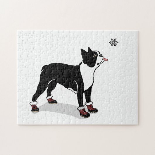 Winter Boston Terrier Dog Puzzle met Gift Box Legpuzzel (Horizontaal)