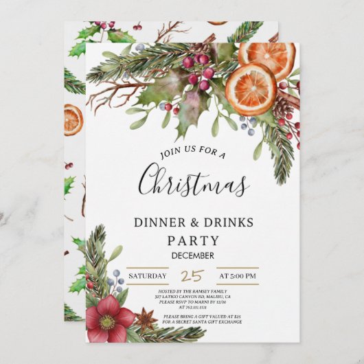 Winter Botanical Christmas Invite | Rustic Dinner  Kaart (Voorkant / Achterkant)