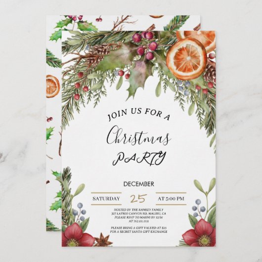 Winter Botanical Christmas Invite | Rustic Dinner  Kaart (Voorkant / Achterkant)