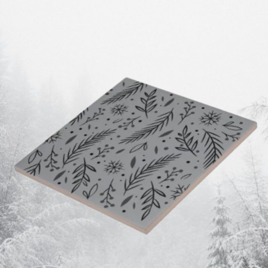 Winter Botanisch Keramisch Tegeltje – Grijs