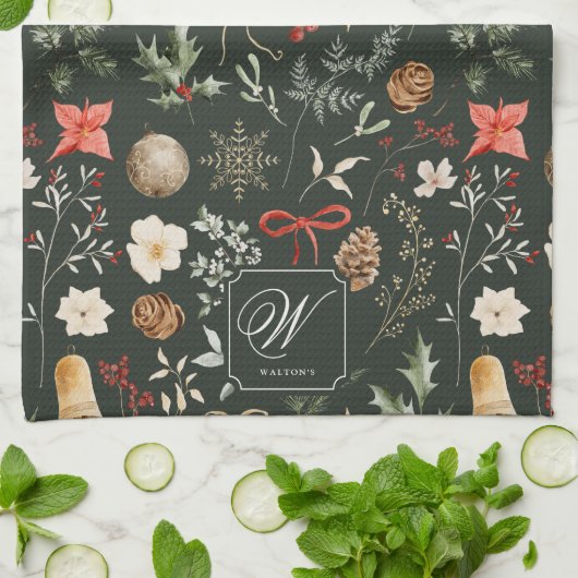 Winter Botanische Feestelijke Kerst Monogram Theedoek (Gevouwen)
