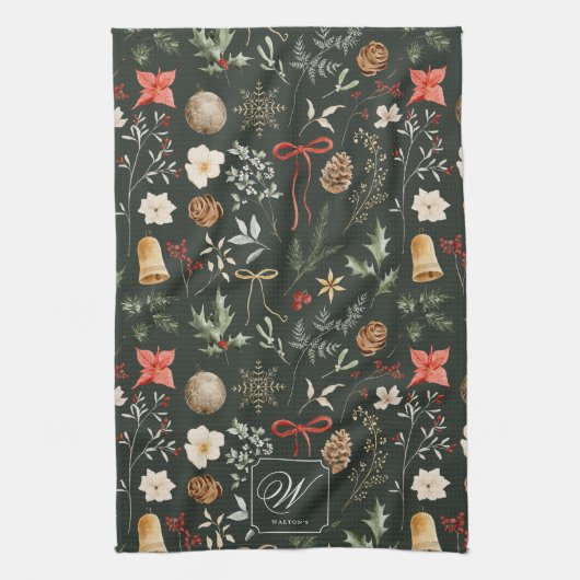 Winter Botanische Feestelijke Kerst Monogram Theedoek (Verticaal)