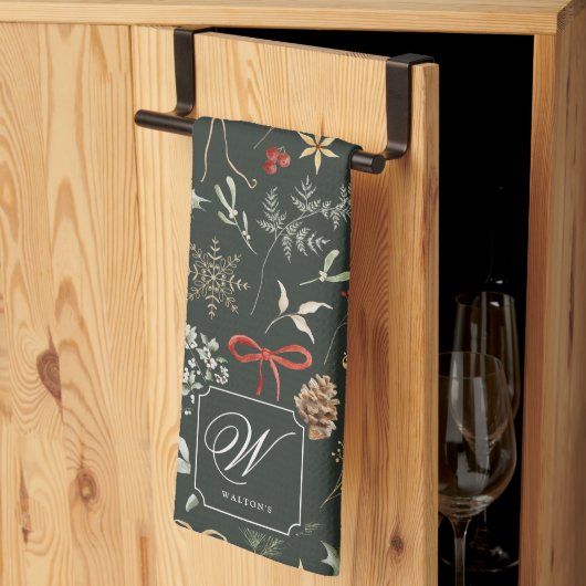 Winter Botanische Feestelijke Kerst Monogram Theedoek (Derde Gevouwen)