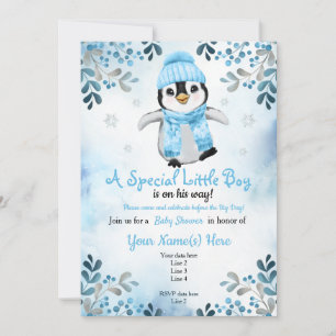 Winter Boy Penguin Douche invitation Blue Snow