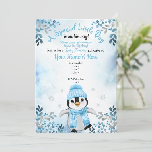 Winter Boy Penguin Douche invitation Blue Snow (Debout devant)