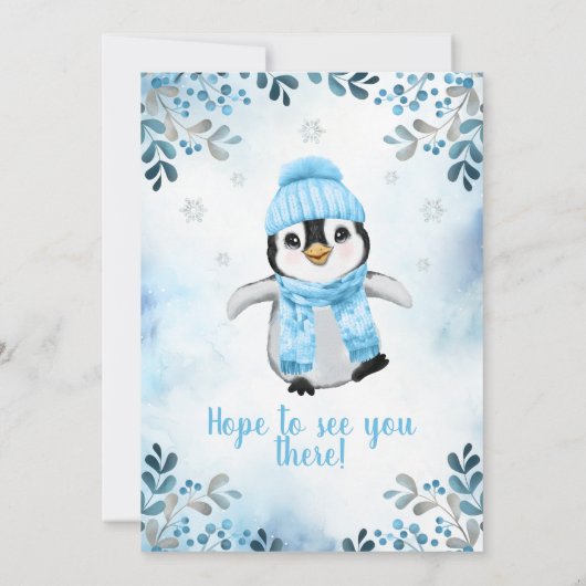 Winter Boy Penguin Douche invitation Blue Snow (Dos)