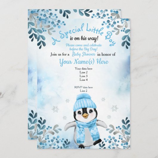 Winter Boy Penguin Douche invitation Blue Snow (Devant / Derrière)