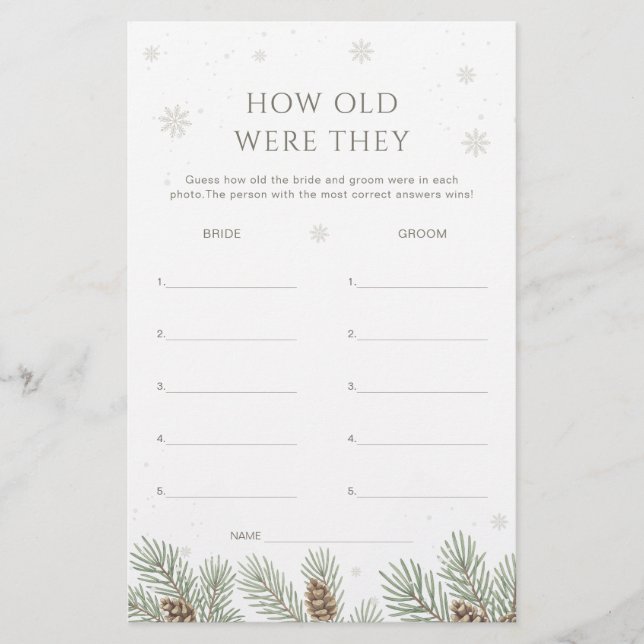 Winter Bridal Shower Guess the Age Game (Voorkant)