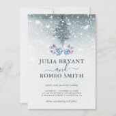 Winter bruiloft blauwe dennenboom uitnodiging (Voorkant)