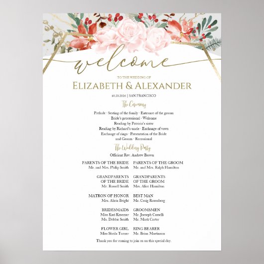 Winter bruiloft ceremonie programma teken vergulde poster (Voorkant)
