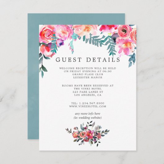 Winter Bruiloft Floral Gast Details Informatiekaartje (Voorkant / Achterkant)